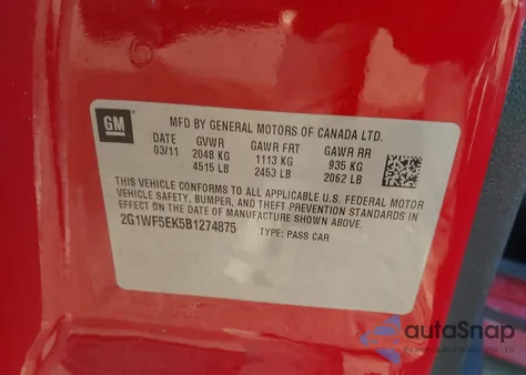 2011 Chevrolet Impala Ls из США, поврежденный, VIN 2G1WF5EK5B1274875